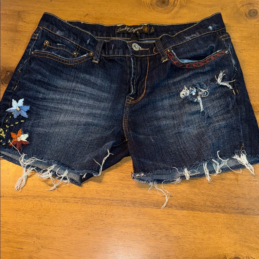 Lucky Brand Dark Blue Jean Shorts with Floral Embroidery